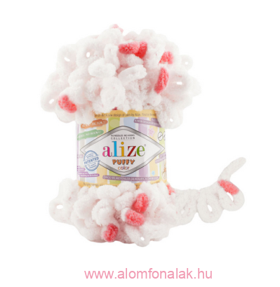 Alize Puffy Color 6490 - fehér - korall foltos