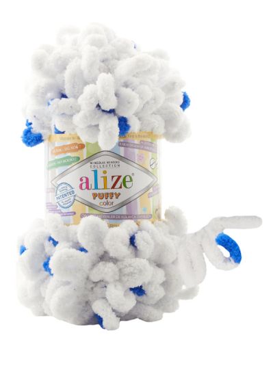 Alize Puffy Color 6471 - fehér, kék foltos