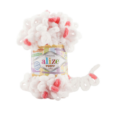 Alize Puffy Color 6490 - fehér - korall foltos